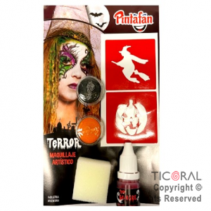 KIT MAQUILLAJE ARTISTICO NARANJA Y NEGRO (4 GR) + STENCIL + ESPONJA + SANGRE 20 ML